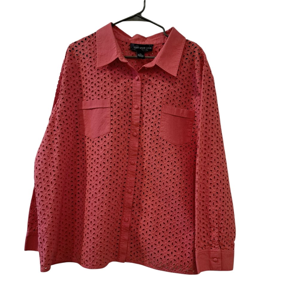 Susan Graver Eyelet button down shirt top blouse color Coral  size 3X